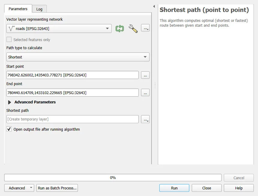 Shortest path (point to point) dialog with the roads layer and the two points