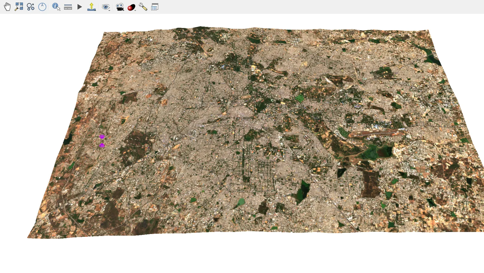 The 3D view of Bengaluru, imagery draped over the DEM at an oblique angle