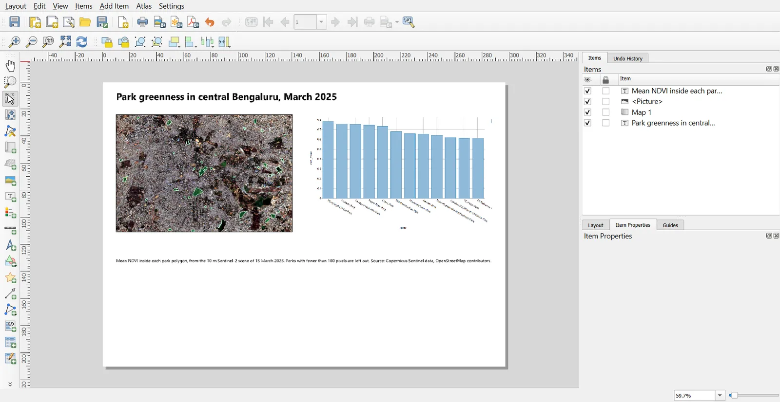 Report layout with the map, the chart and a caption