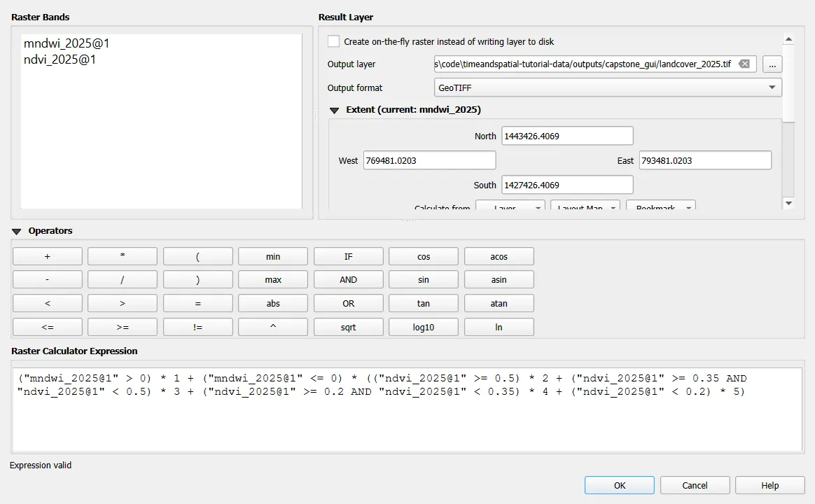 Raster Calculator dialog with the five class expression