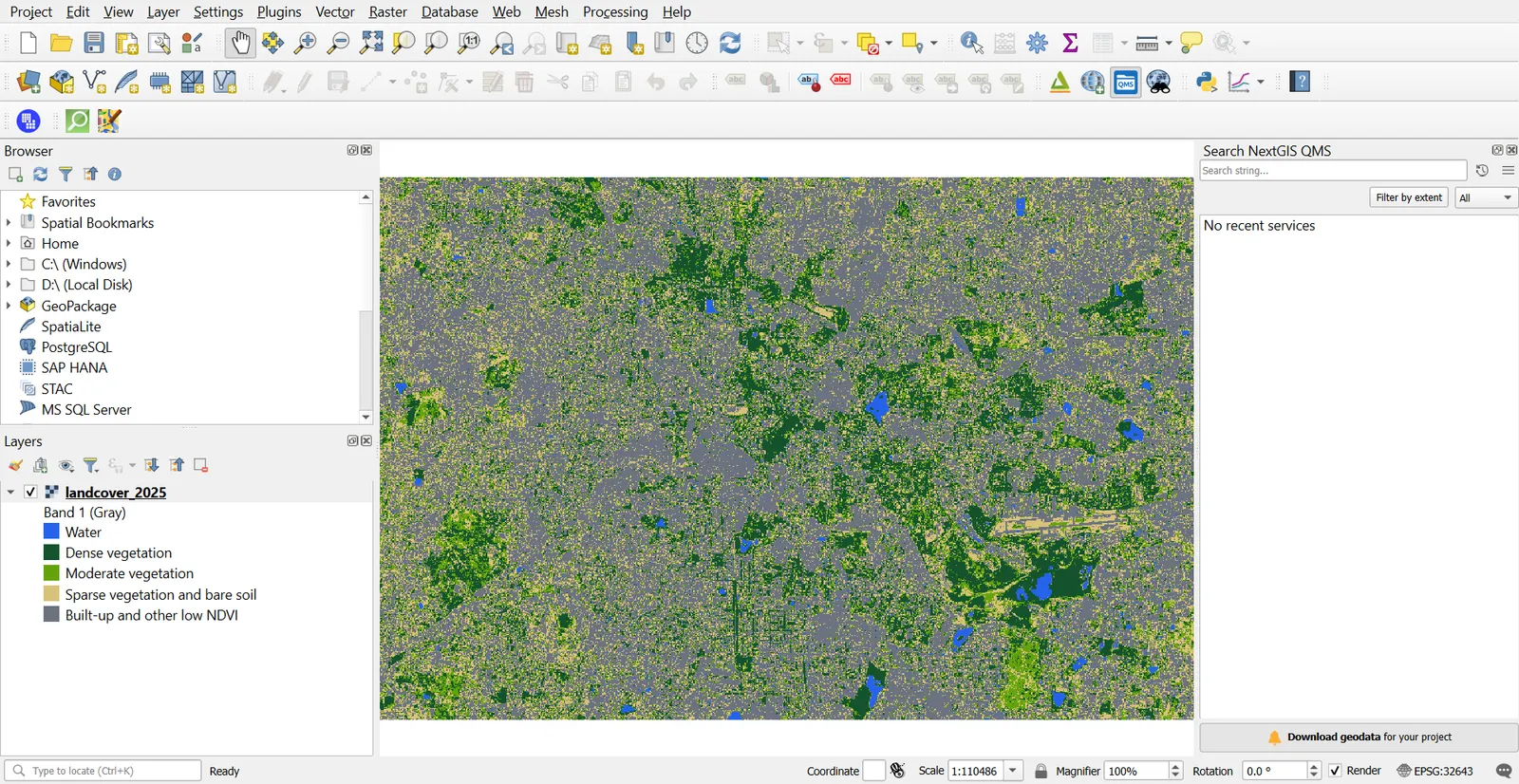 Five class land cover map with the legend