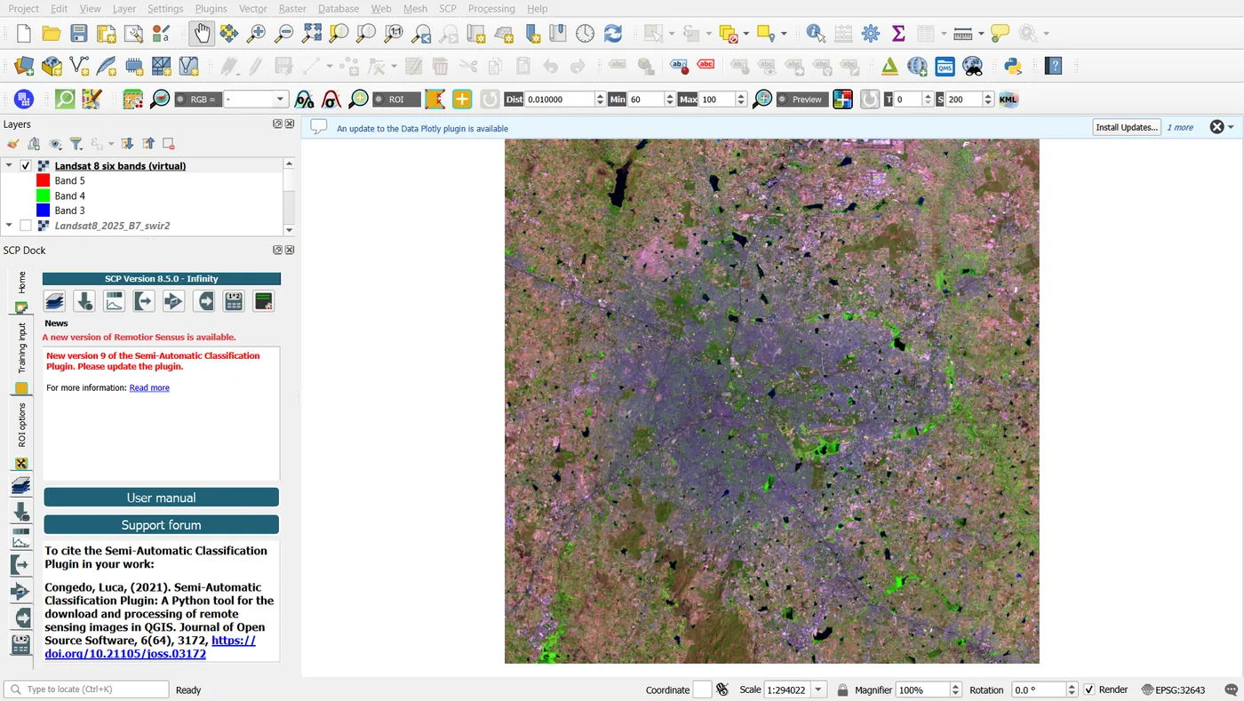 QGIS with the Landsat 8 false colour composite of Bengaluru: purple-grey city, pink fields, green vegetation and black lakes, and the SCP dock on the left