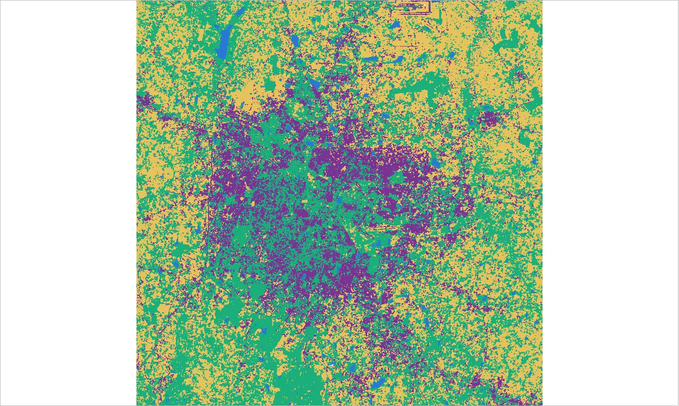 Four class map from Minimum Distance, with more green and sand-coloured cells inside the city