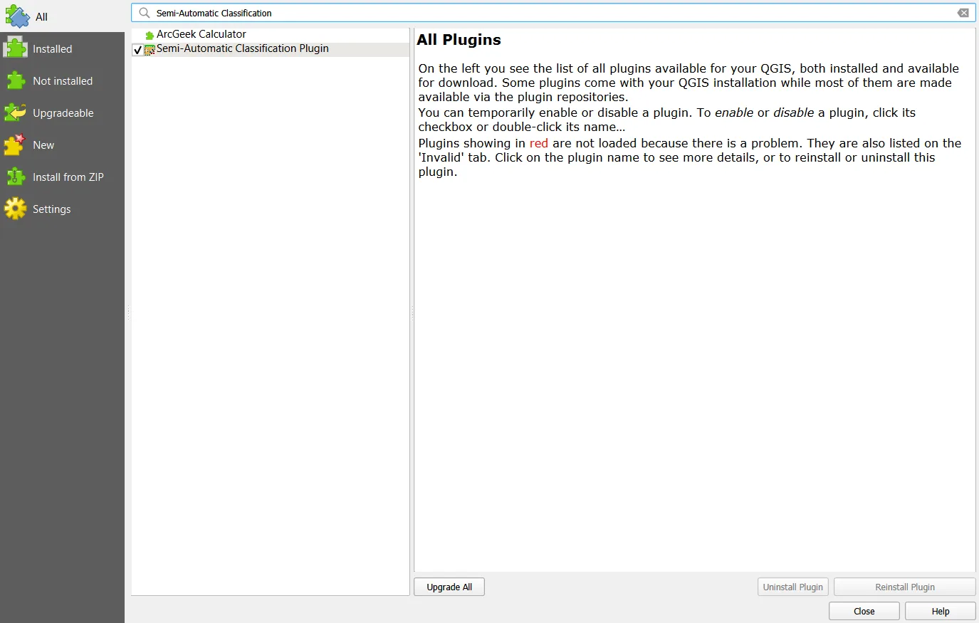 The QGIS Plugin Manager with the search box filled in and the Semi-Automatic Classification Plugin listed with a tick