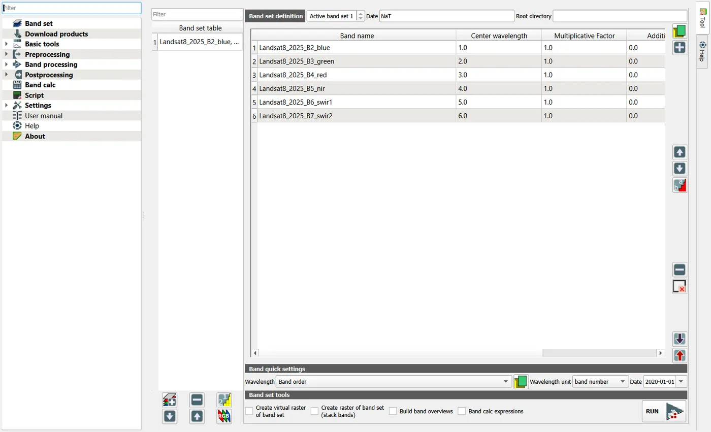 The Band set tab of the plugin with six Landsat bands listed in order