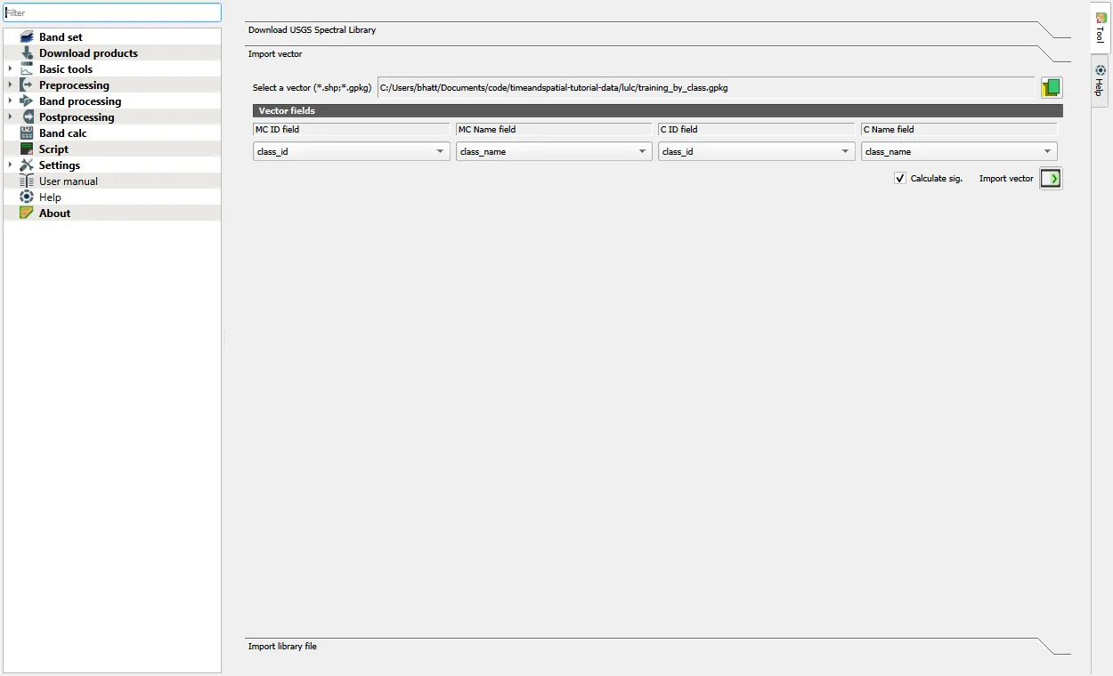 The Import vector panel with the four fields set to class_id and class_name