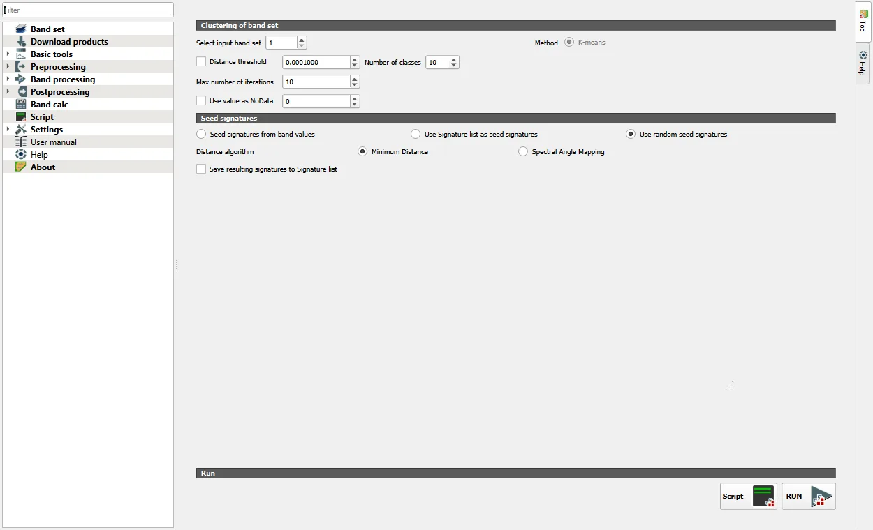 The Clustering tab with 10 classes, 10 iterations and random seed signatures