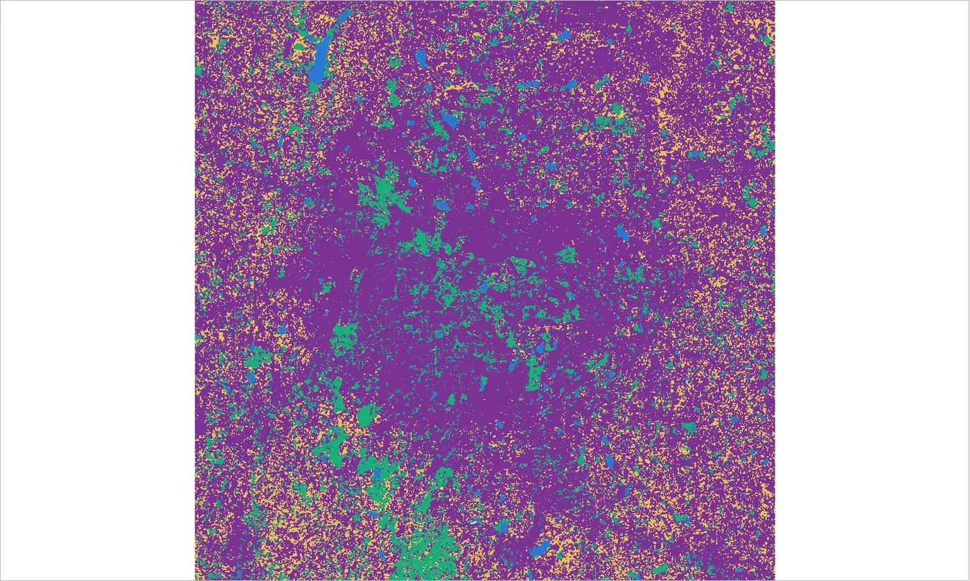 Four class map from K-means: purple built-up core, sand-coloured open land outside, green vegetation and blue lakes