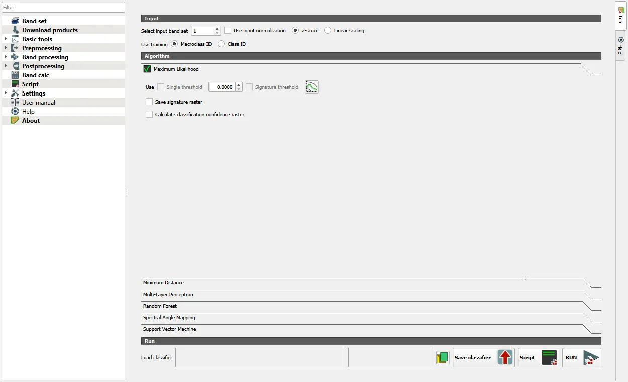 The Classification tab with Maximum Likelihood selected and the Run button