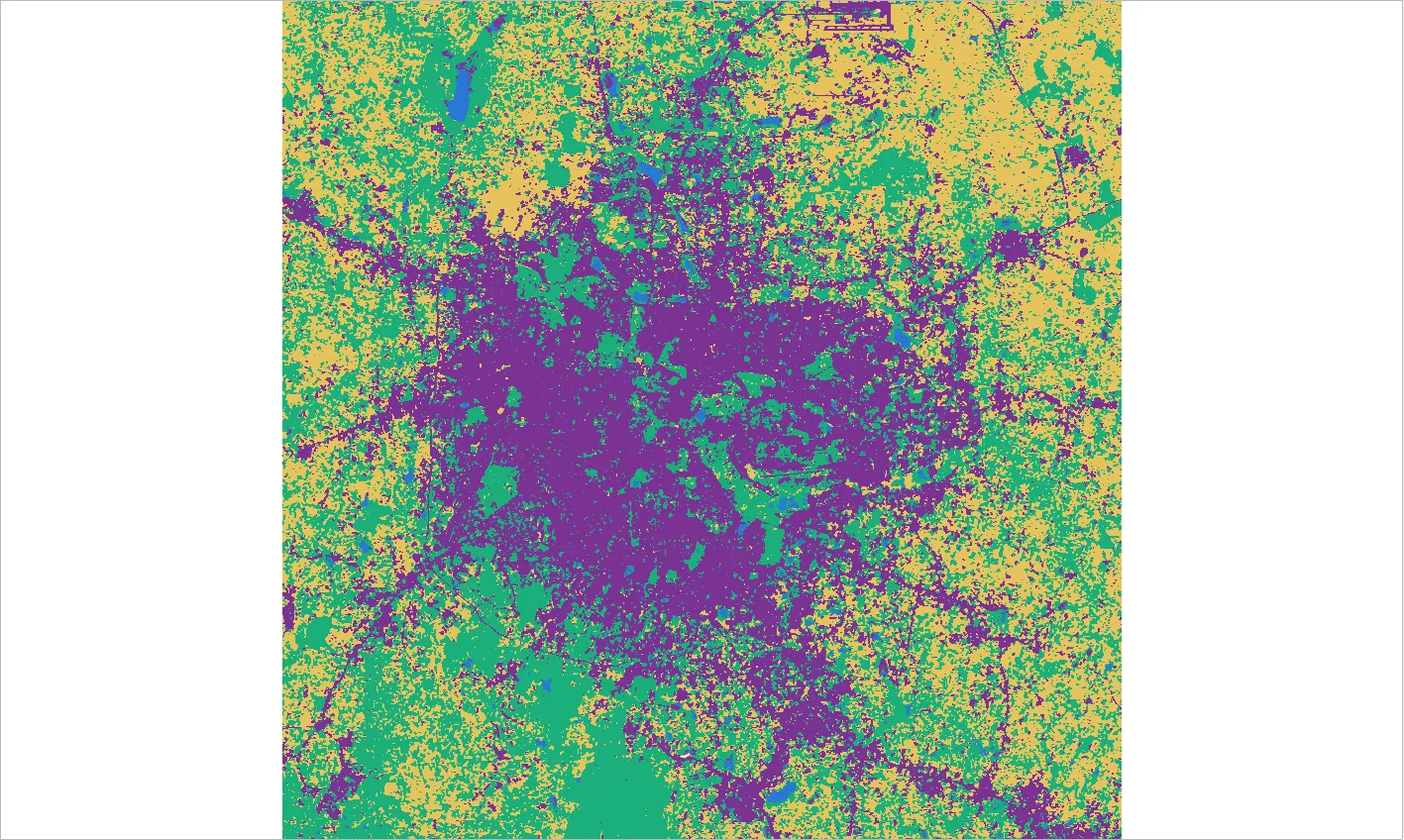 Four class map from Maximum Likelihood with a purple built-up core and sand and green around it
