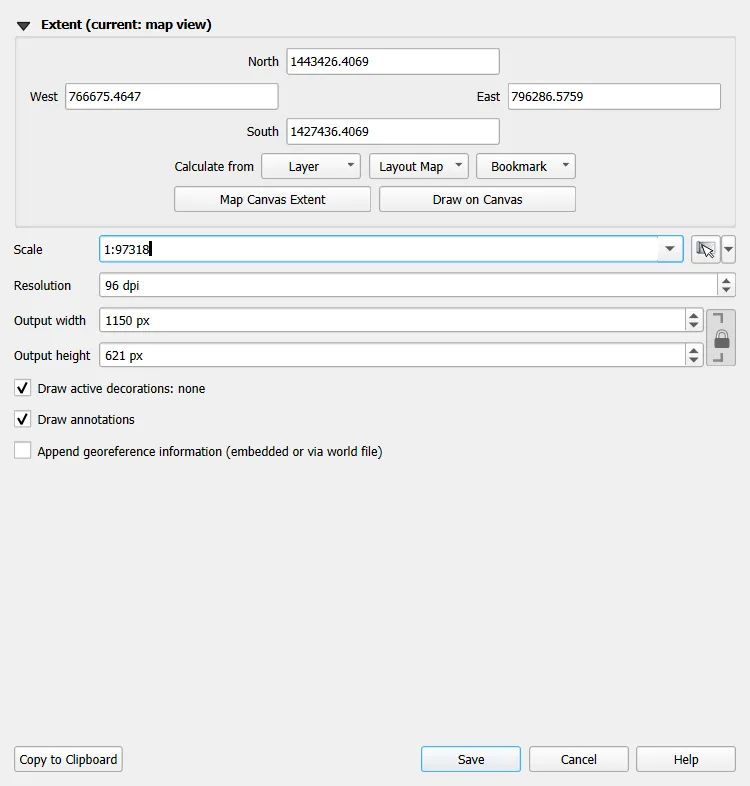 Export Map to Image dialog, georeference option unticked