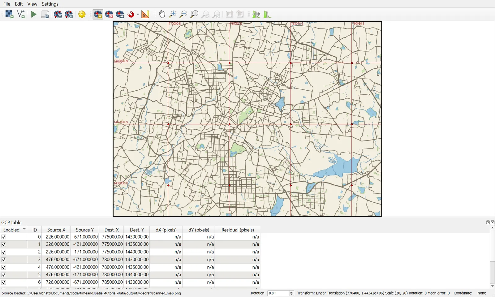 A scanned map in the Georeferencer with grid-intersection GCPs