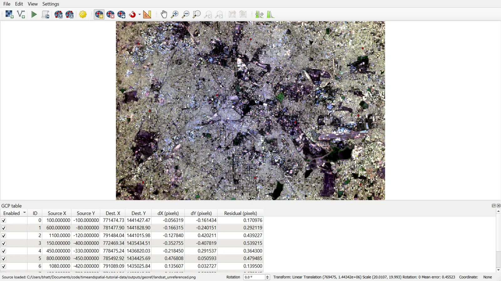 Georeferencer window with the raster open and GCP table empty
