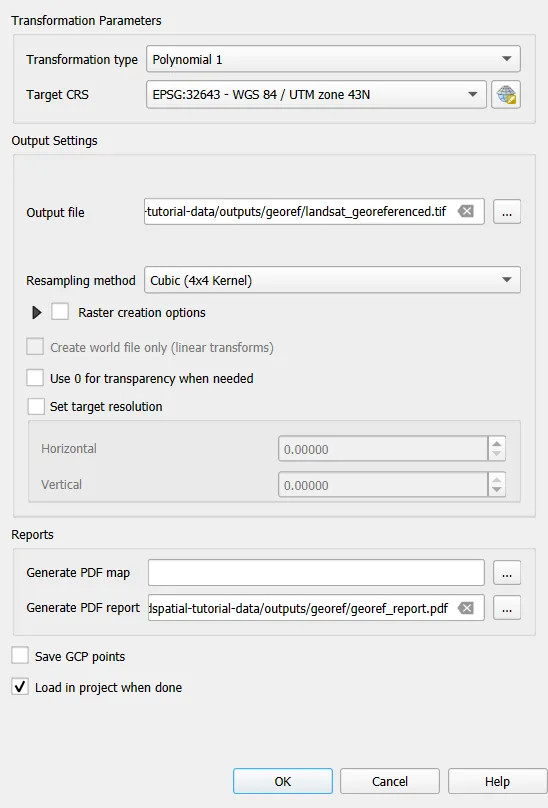 Transformation Settings dialog filled in