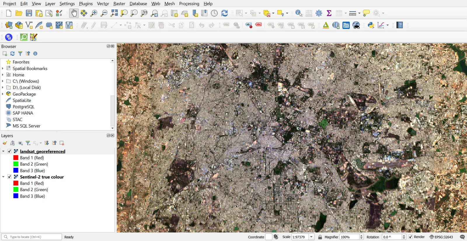 Georeferenced Landsat over Sentinel-2 with 50% transparency, showing aligned roads