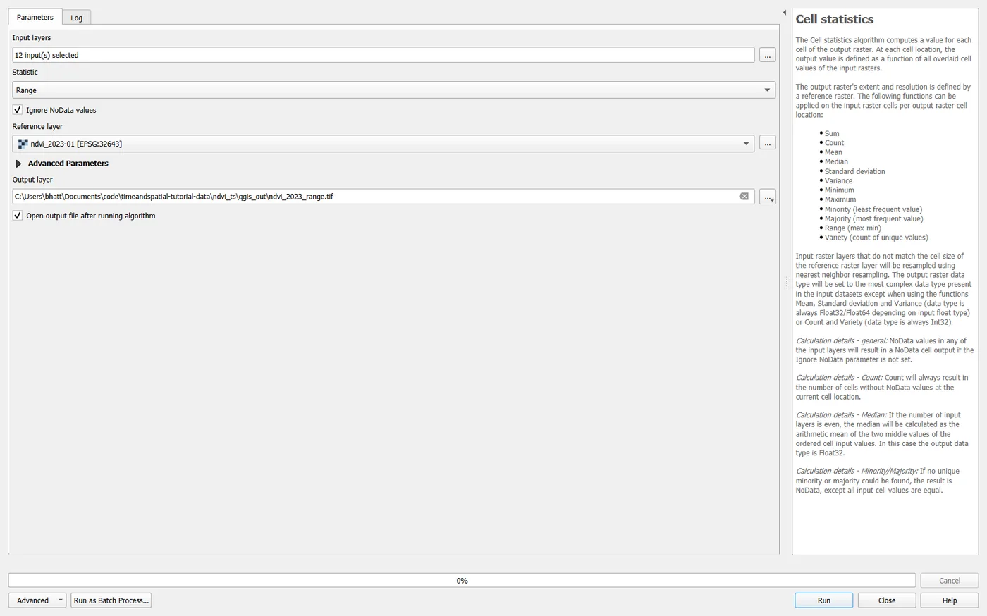 The Cell statistics dialog with 12 inputs selected, Range as the statistic, Ignore NoData values ticked and ndvi_2023-01 as the reference layer