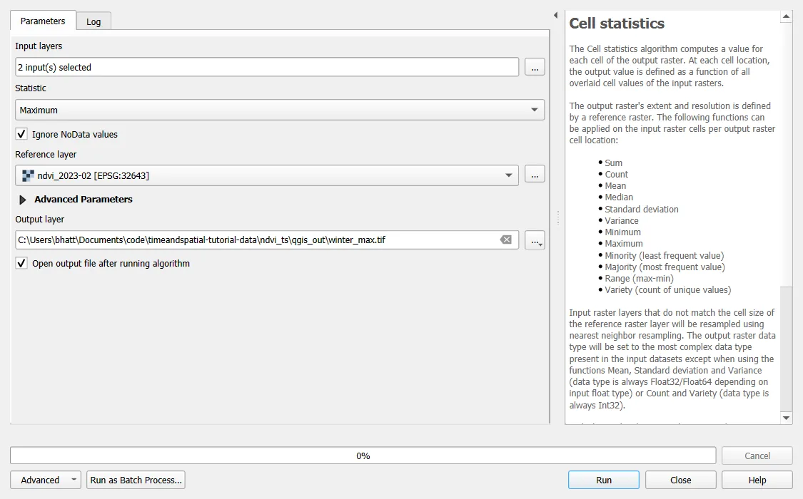 The Cell statistics dialog with 2 inputs selected, Maximum as the statistic, Ignore NoData values ticked and the output winter_max.tif