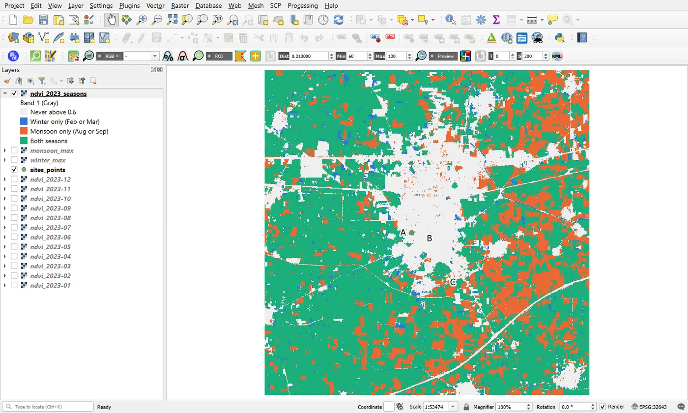 A map of the square around Jagraon in four colours. Most fields are green for both seasons, some are orange for the monsoon only, a few are blue for winter only, and the town and roads are pale grey. The legend lists the four classes