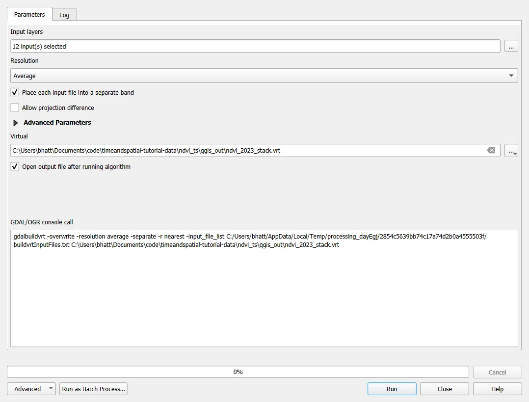 The Build Virtual Raster dialog with 12 inputs selected, the option to place each input file into a separate band ticked, and an output file called ndvi_2023_stack.vrt