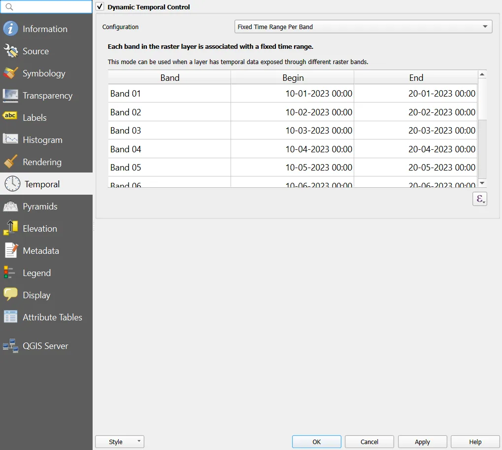 The Temporal page of Layer Properties with Fixed Time Range Per Band selected and a table in which Band 01 runs from 10-01-2023 to 20-01-2023, Band 02 from 10-02-2023 to 20-02-2023, and so on