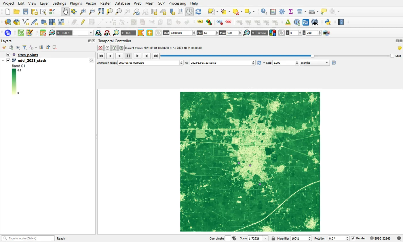 QGIS with the Temporal Controller panel open above the map. The current frame reads 2023-09-01 to 2023-10-01 and the map shows the square around Jagraon in dark green, with a pale town in the centre