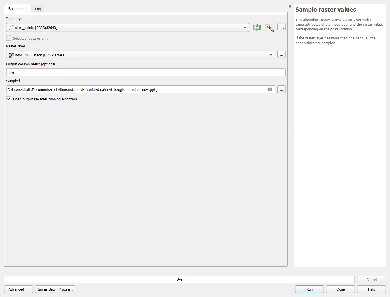 The Sample raster values dialog with sites_points as input layer, ndvi_2023_stack as raster layer and ndvi_ as the column prefix