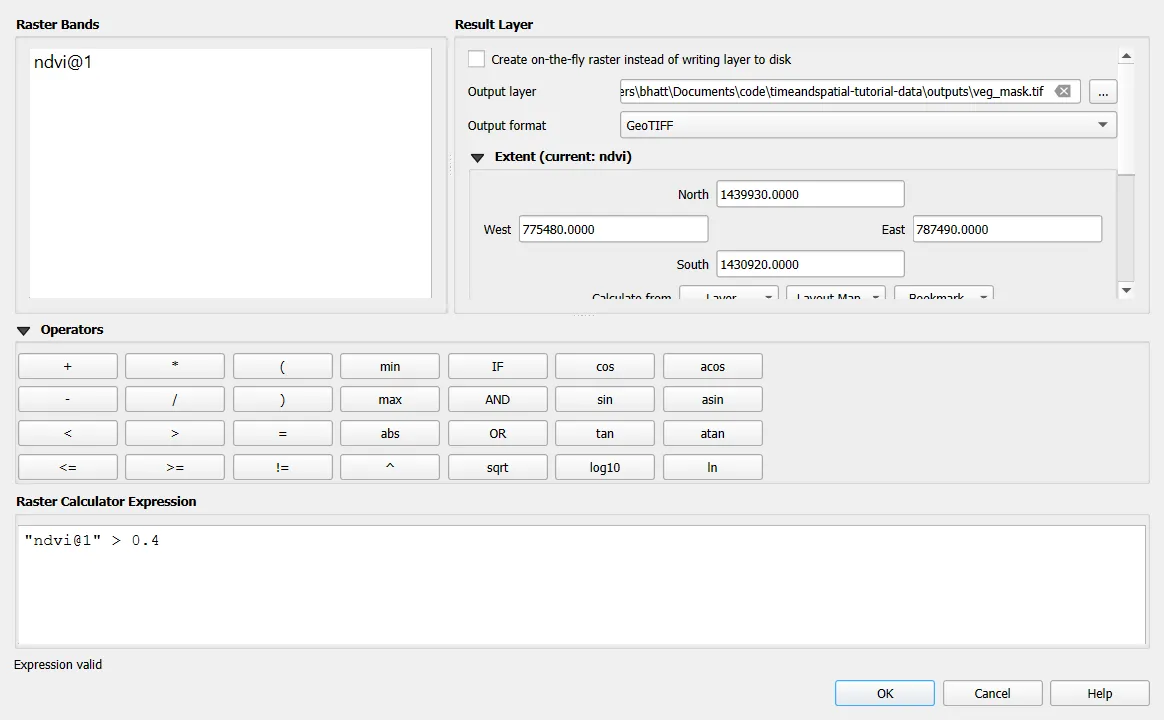 Raster Calculator with the threshold expression