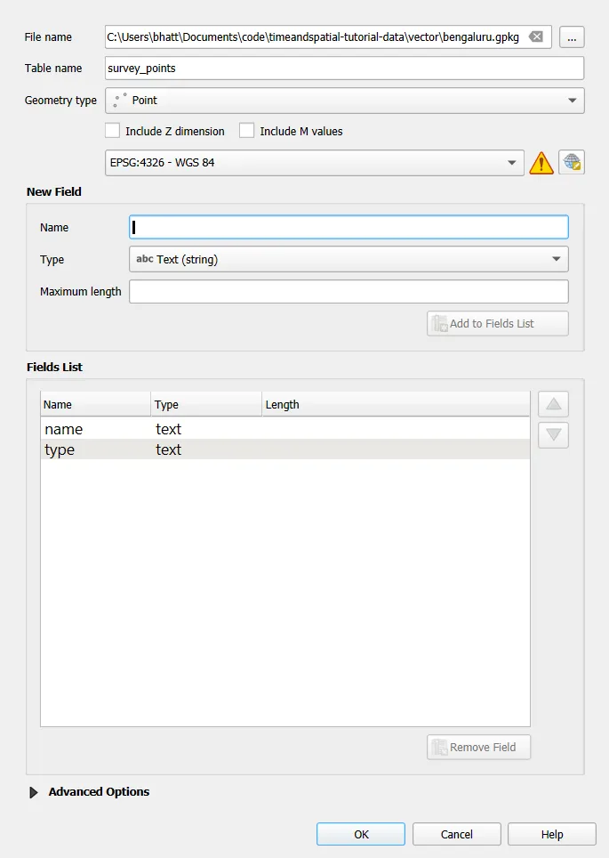 New GeoPackage Layer dialog with fields added