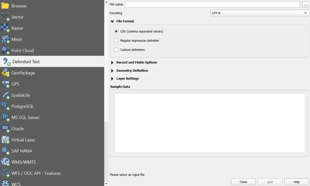 Delimited Text dialog with X and Y fields set