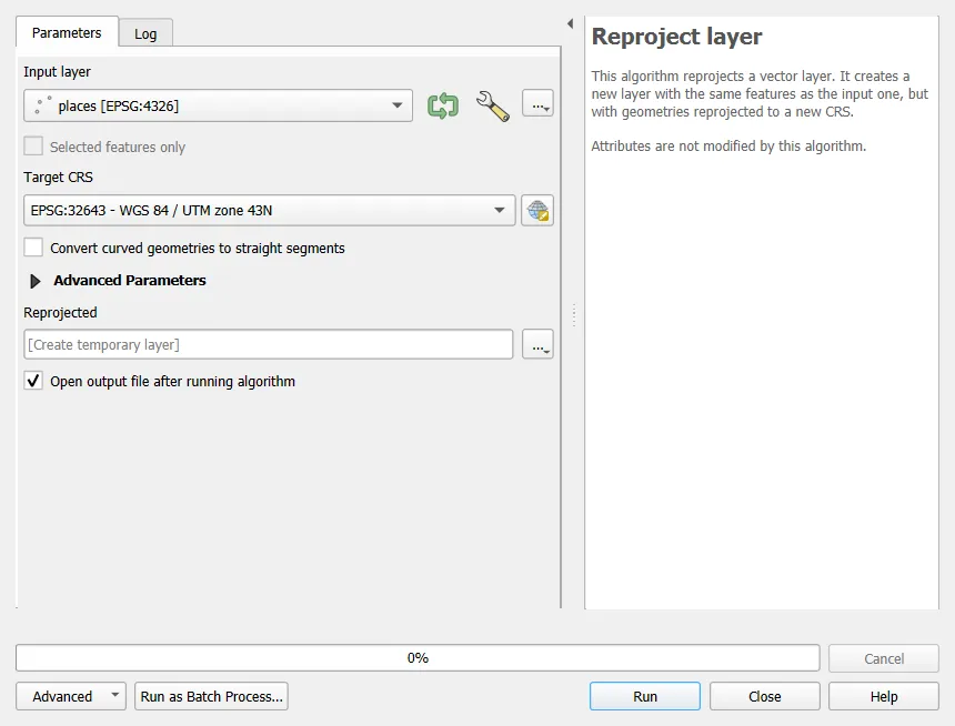 Reproject Layer dialog