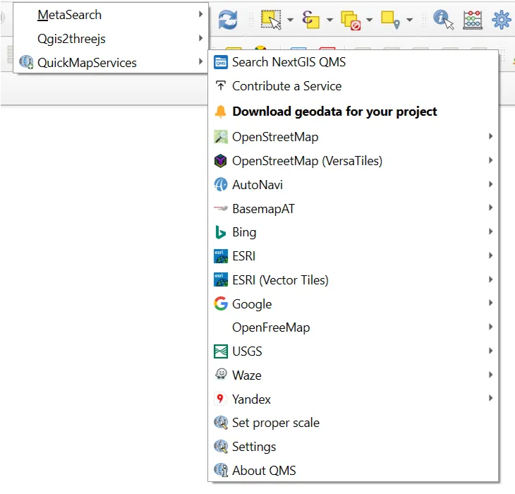 QuickMapServices menu with the basemap list