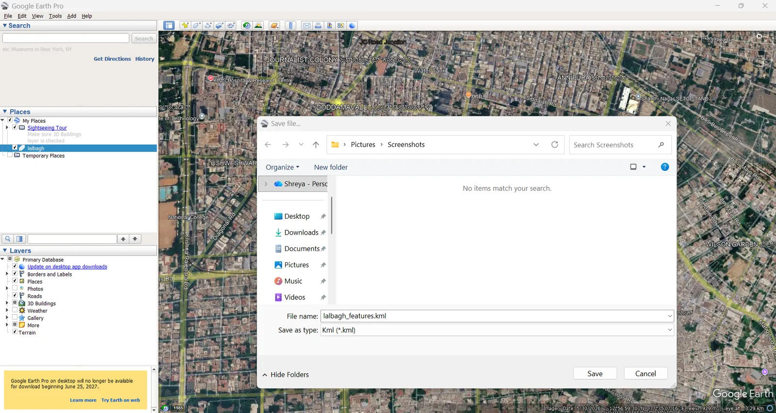 Save Place As dialog with KML selected