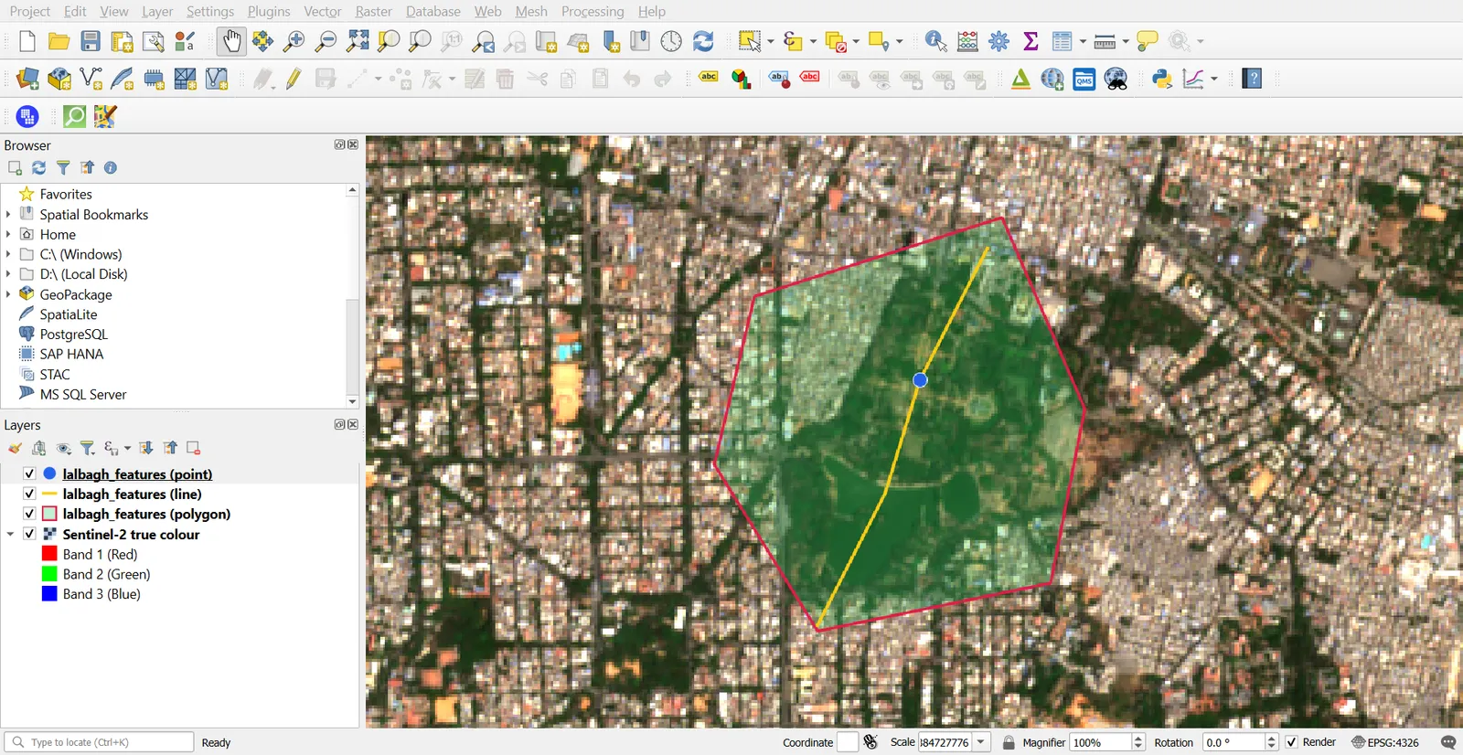 KML loaded in QGIS over Sentinel-2