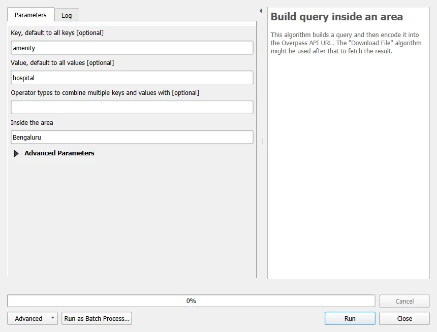 QuickOSM dialog with key, value and area