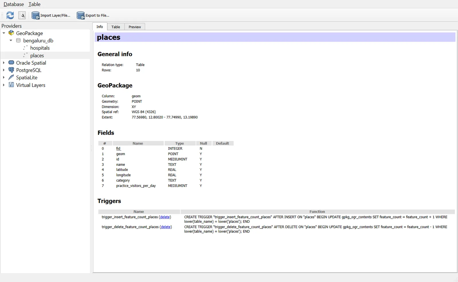 DB Manager showing the GeoPackage and table info