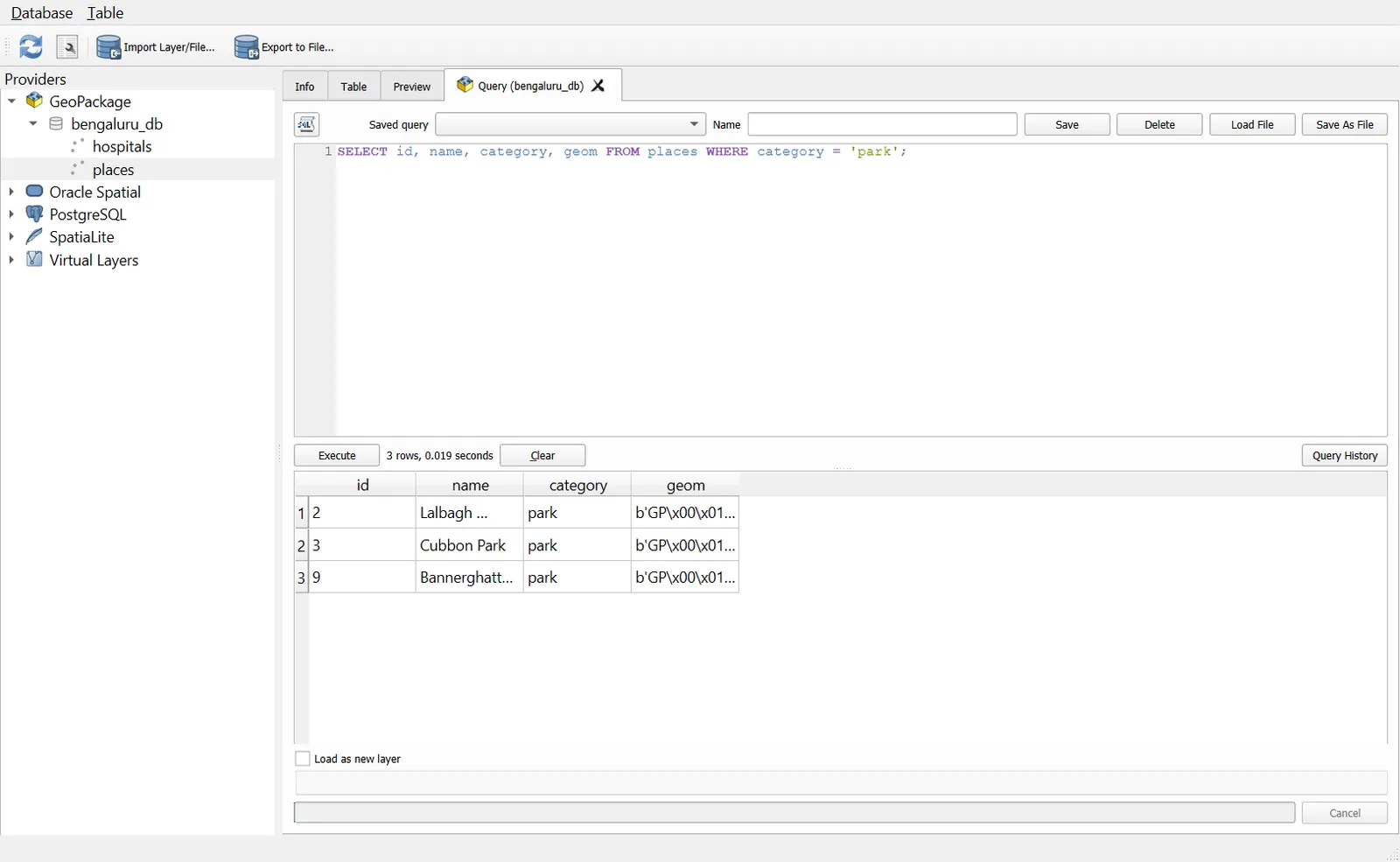 SQL Window with query and result