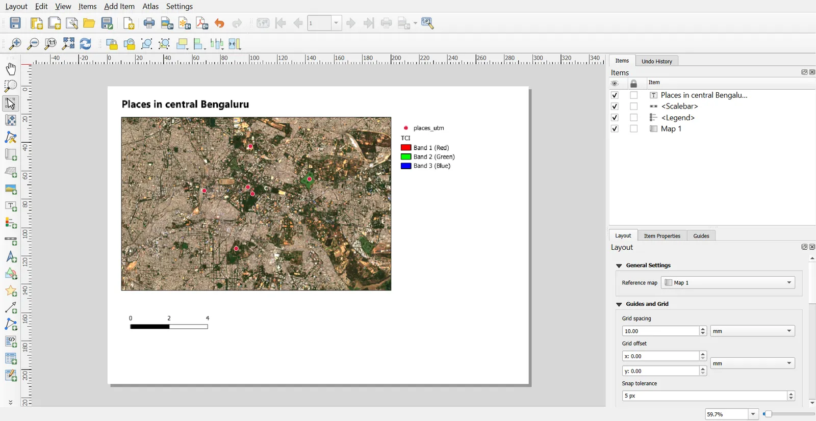 Print Layout with map, legend, scale bar and title