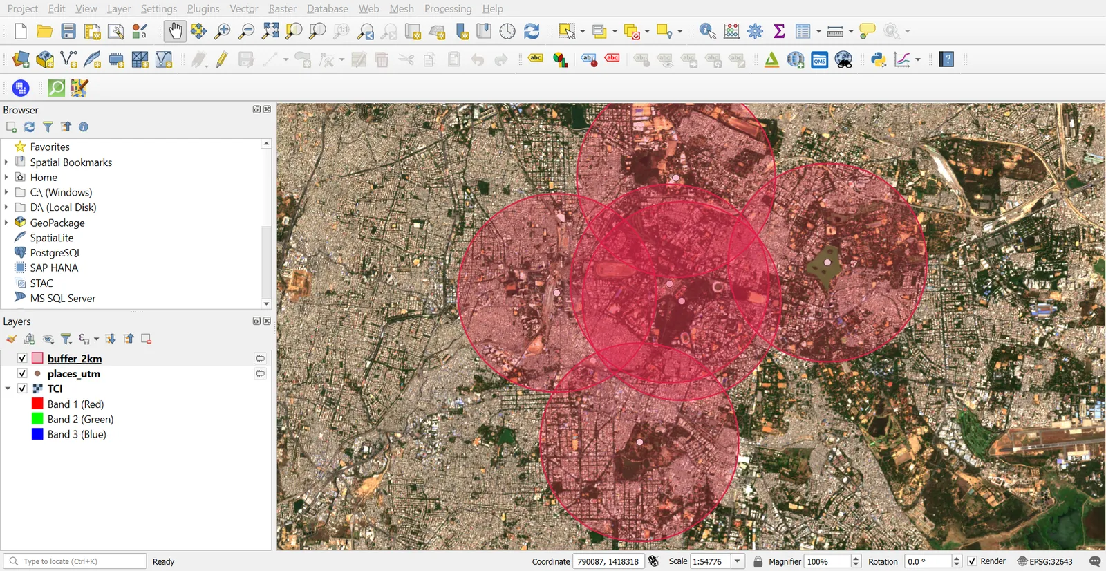 Buffer dialog and 2 km circles over the map