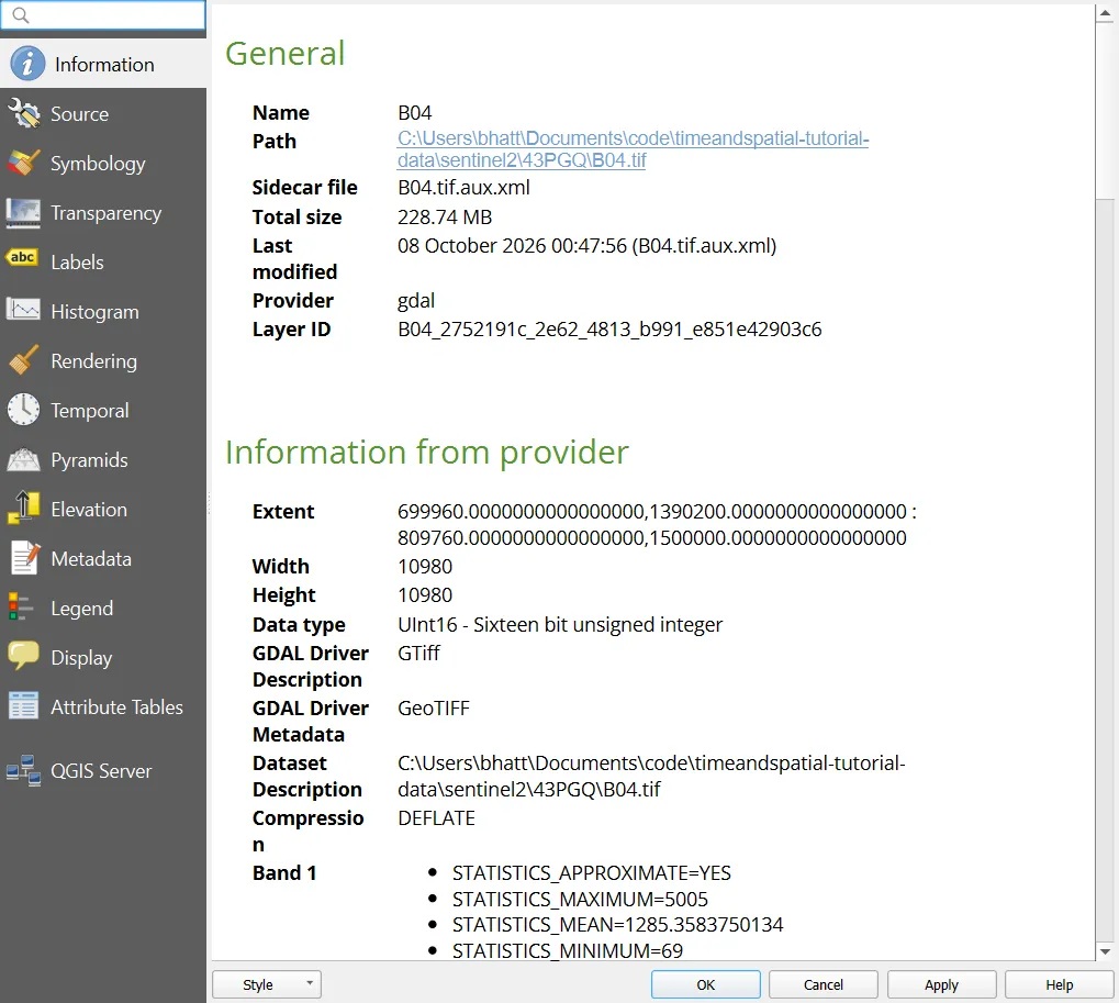 Layer Properties, Information tab showing the CRS