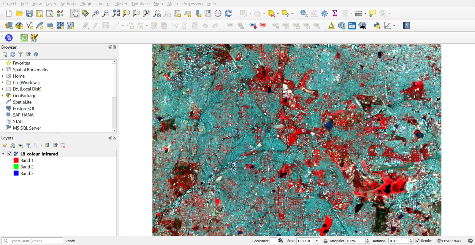 Colour infrared Landsat 8 composite with vegetation in red