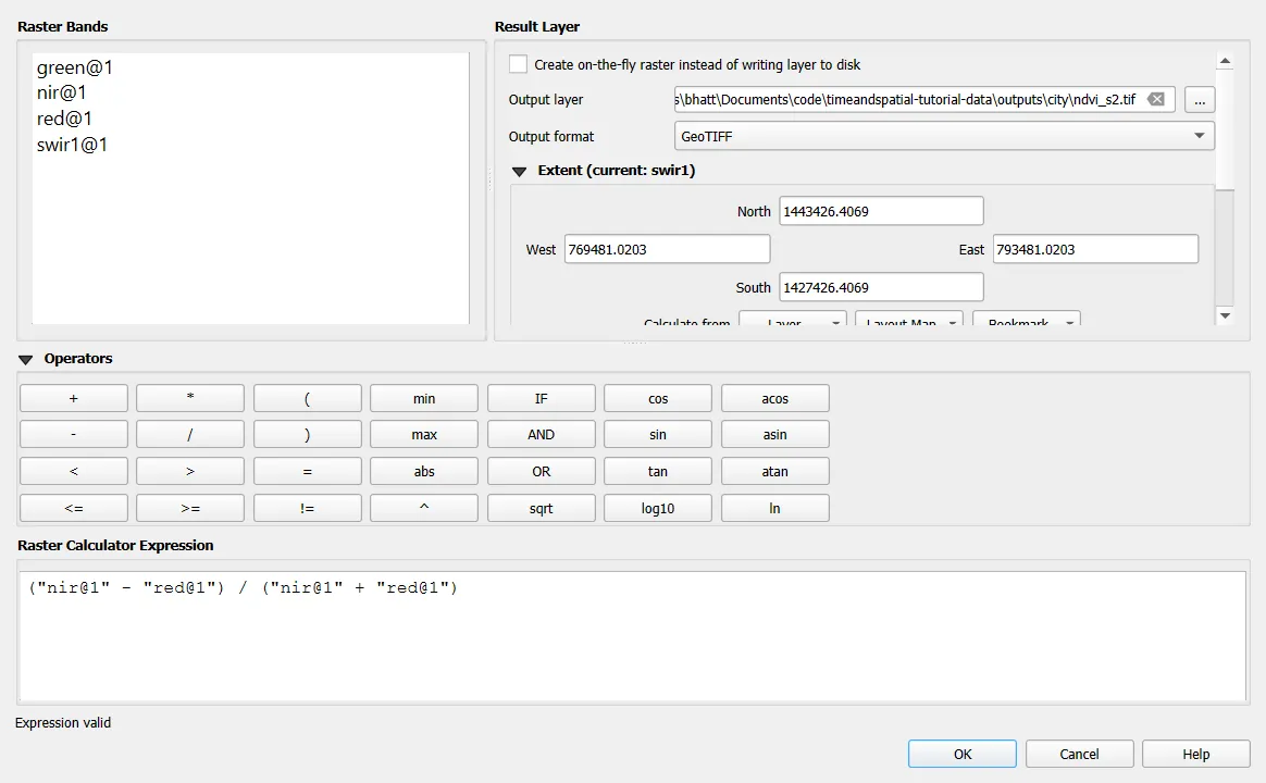 Raster Calculator with the NDVI expression and output settings