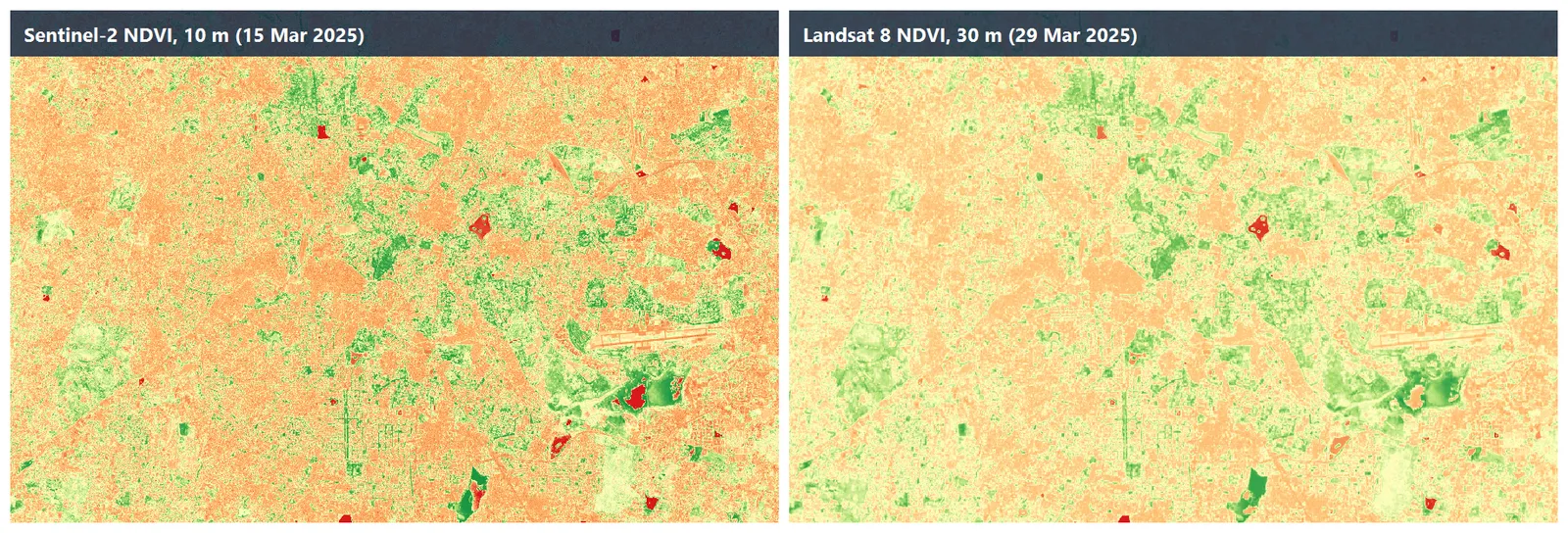 Sentinel-2 NDVI and Landsat NDVI at the same extent