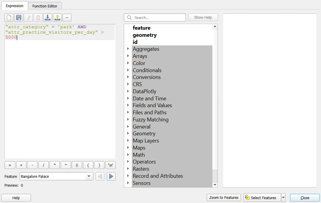Select by Expression dialog with a query and the Select Features button