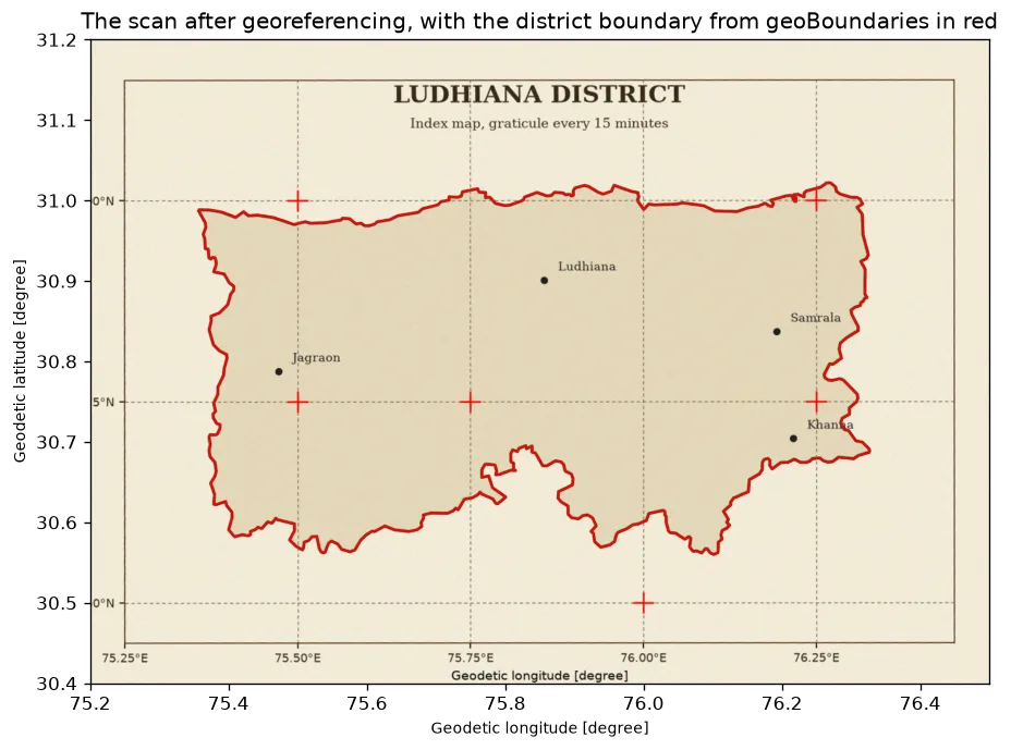 The straightened scan of Ludhiana district on a pale background, with a thin red line, the trusted district boundary, lying along the printed brown outline of the district all the way round