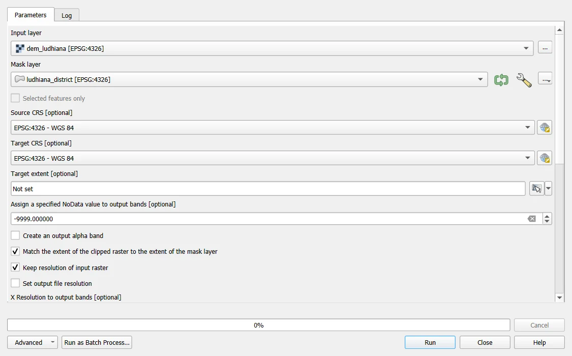 The QGIS Clip Raster by Mask Layer window with the DEM as input layer, the district as mask layer, the NoData value -9999 and the extent and resolution boxes ticked