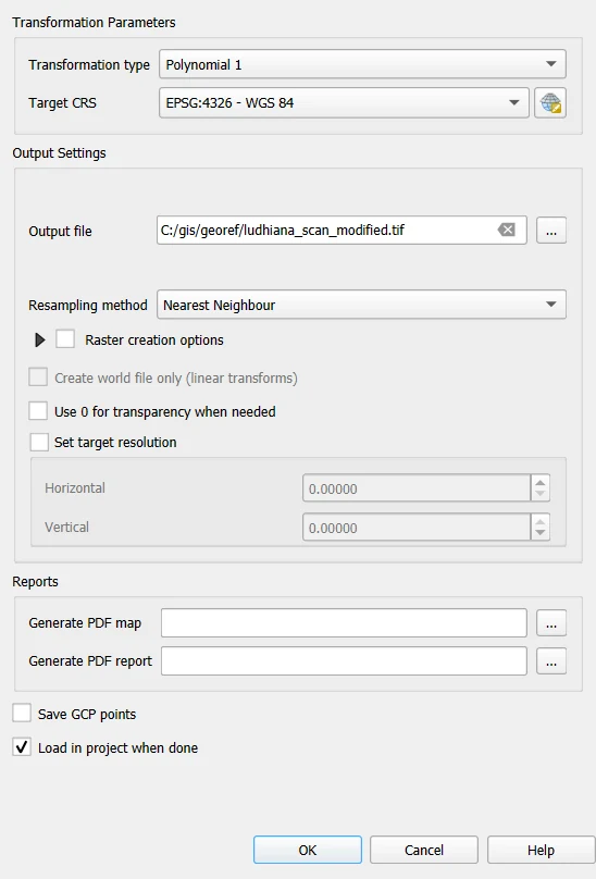 The Transformation Settings window of the QGIS Georeferencer with Polynomial 1 as the transformation type, EPSG:4326 as the target CRS and Nearest Neighbour resampling
