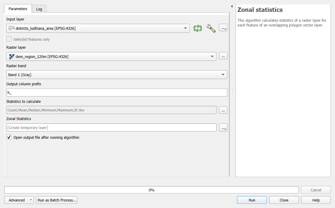 The QGIS Zonal statistics window with the districts as input layer, the regional DEM as raster layer, the prefix h_ and a list of statistics to calculate